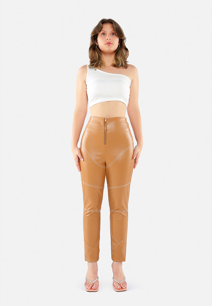 faux leather contrast stitch pants#color_brown