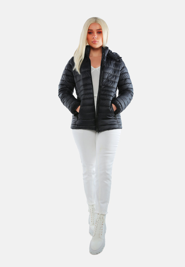 long sleeves puffer hoodie#color_black