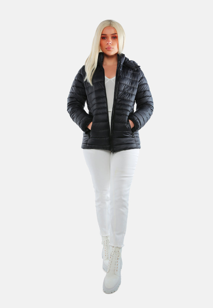 long sleeves puffer hoodie#color_black