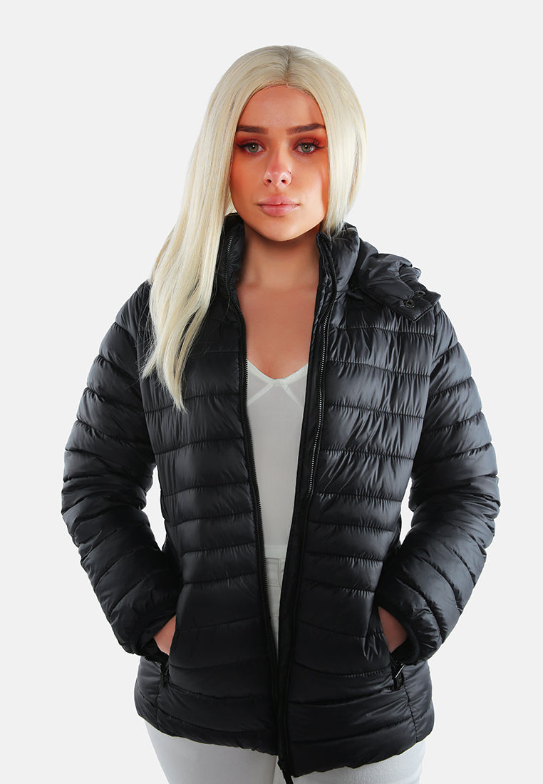 long sleeves puffer hoodie#color_black