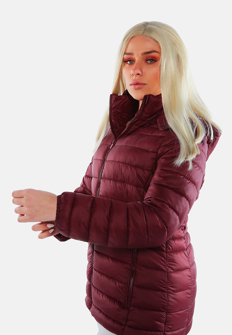 long sleeves puffer hoodie#color_burgundy