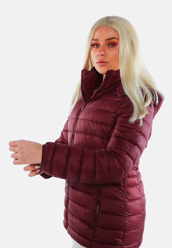 long sleeves puffer hoodie#color_burgundy
