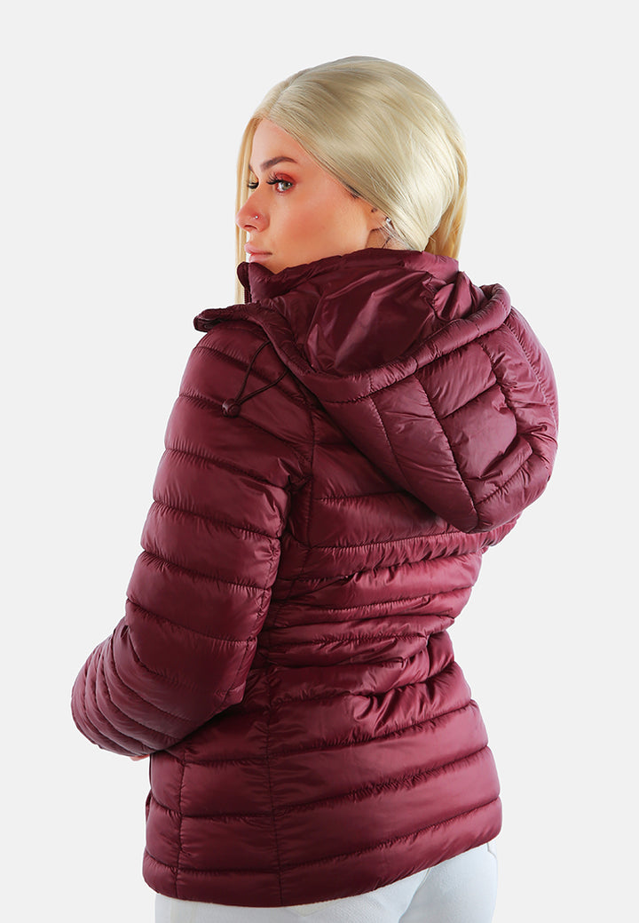 long sleeves puffer hoodie#color_burgundy