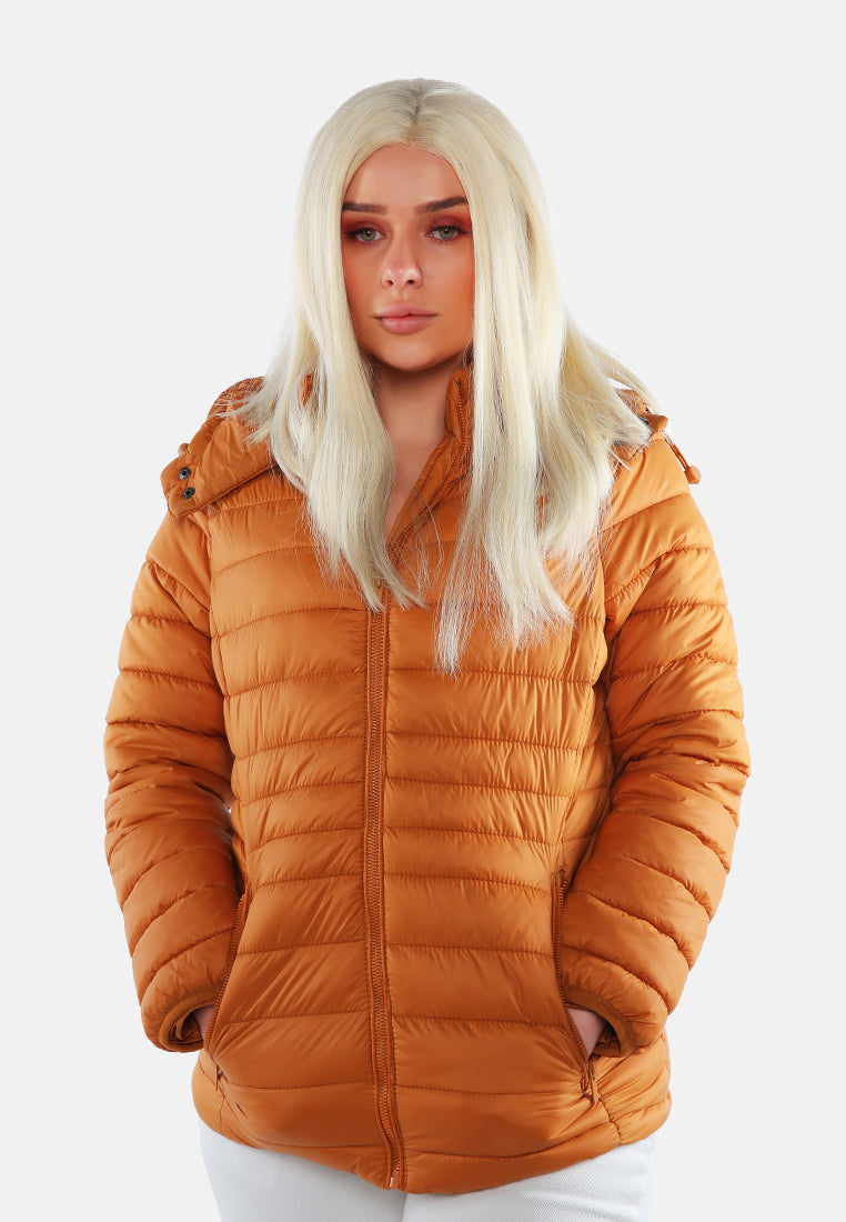 long sleeves puffer hoodie#color_mustard