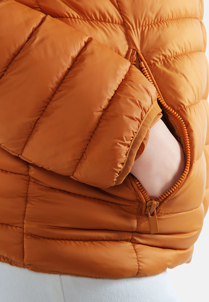 long sleeves puffer hoodie#color_mustard