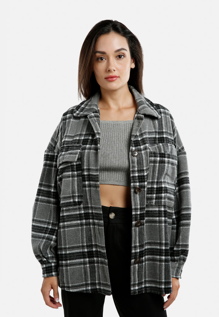 long sleeves oversized checkered shacket by ruw#color_black-white