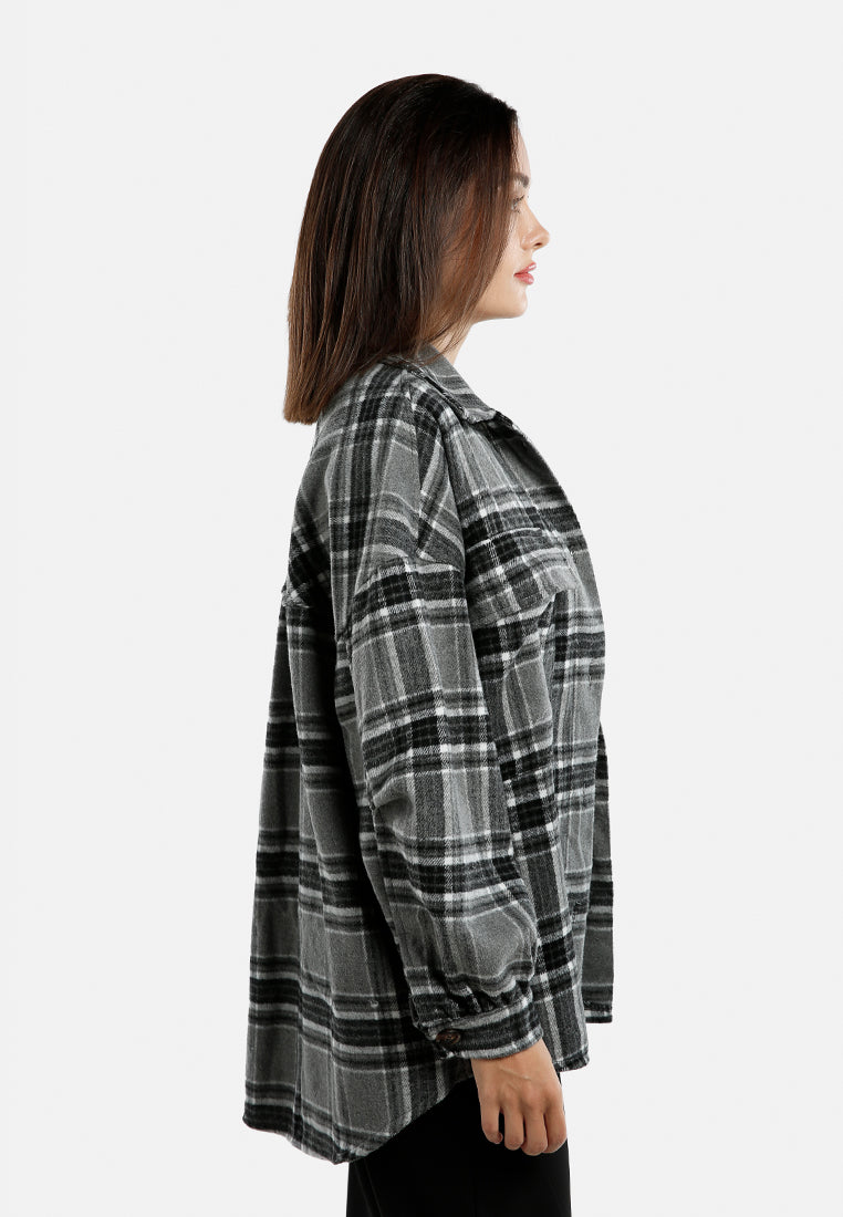 long sleeves oversized checkered shacket by ruw#color_black-white