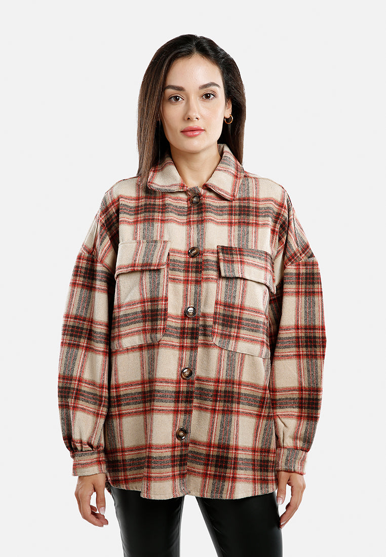 long sleeves oversized checkered shacket by ruw#color_red-beige