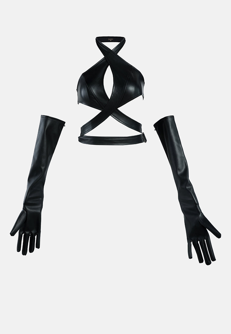 halter neck top with gloves#color_black
