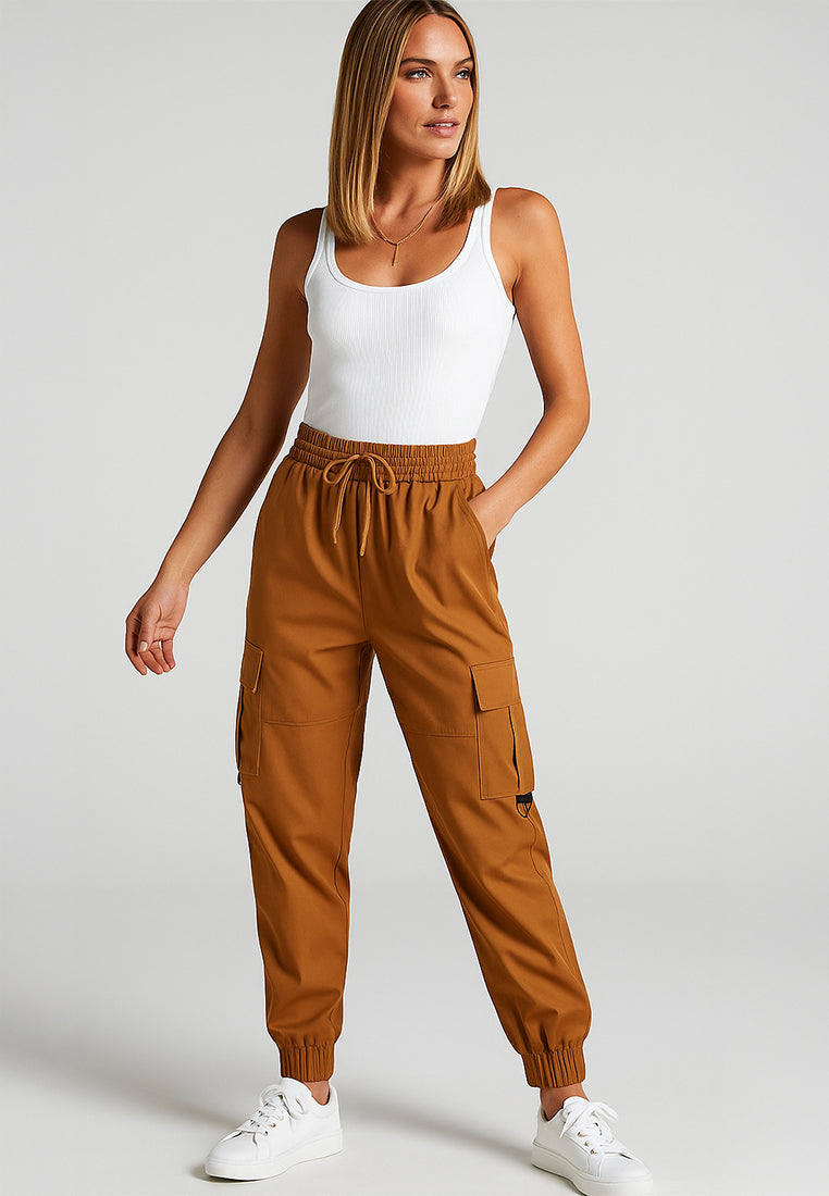 drawstring utility pocket cargo pants#color_brown