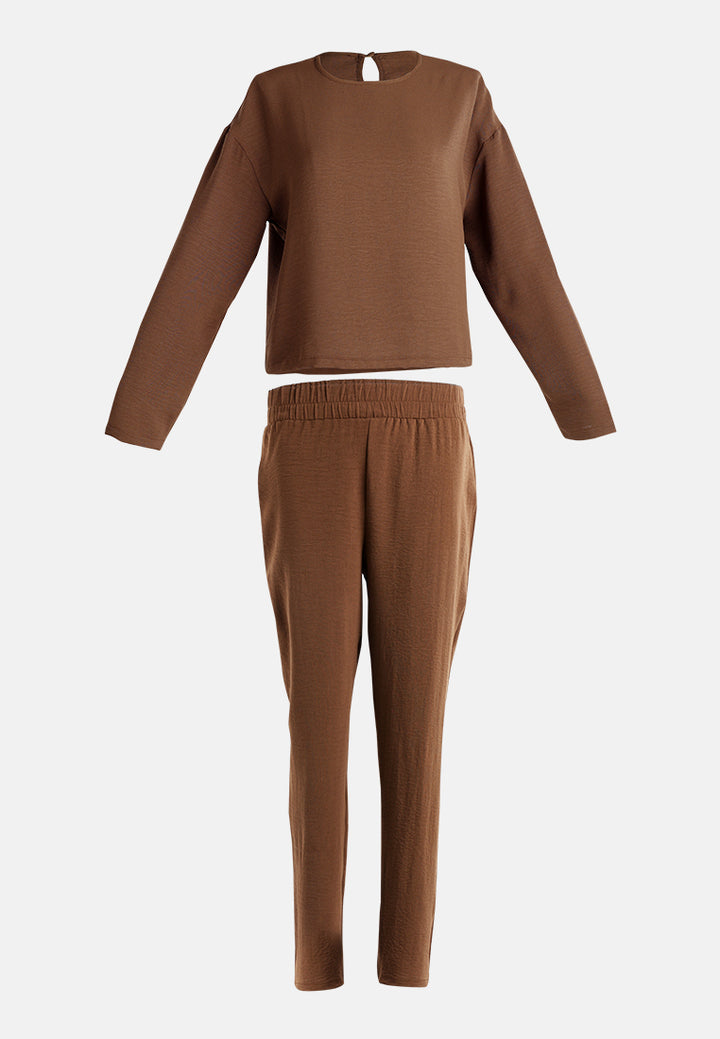 full sleeves top & fitted full pants coord set#color_brown