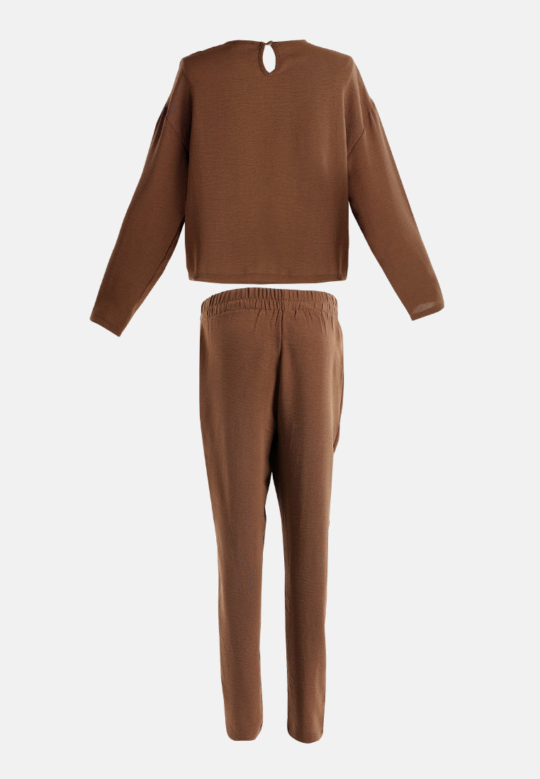full sleeves top & fitted full pants coord set#color_brown