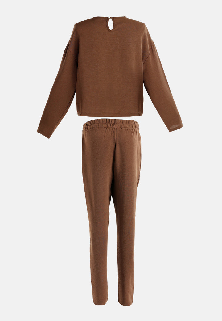full sleeves top & fitted full pants coord set#color_brown