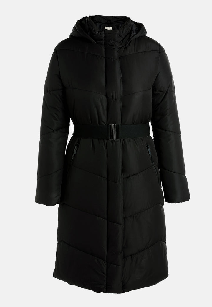 belted hooded long puffer jacket by ruw#color_black