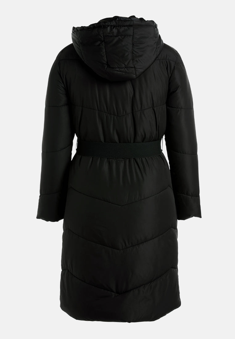 belted hooded long puffer jacket by ruw#color_black