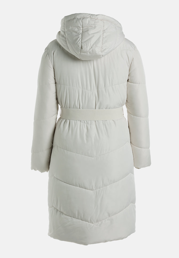 belted hooded long puffer jacket by ruw#color_cream
