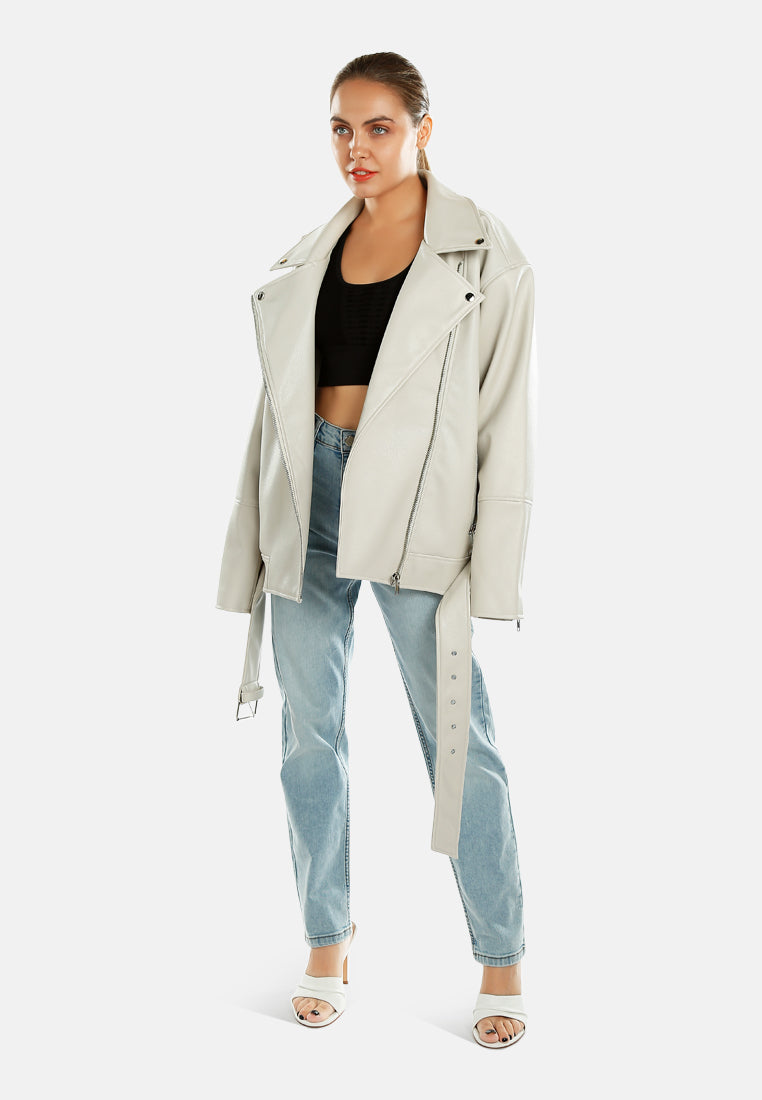 belted oversized biker jacket by ruw#color_stone