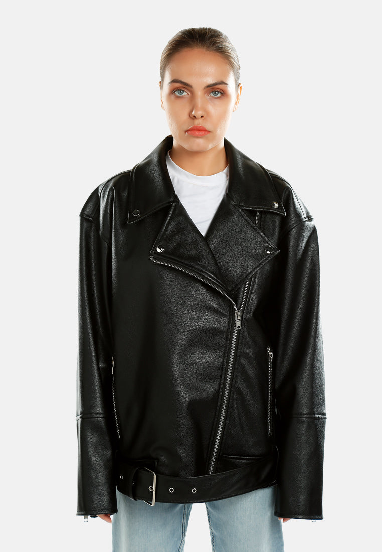 belted oversized biker jacket by ruw#color_black