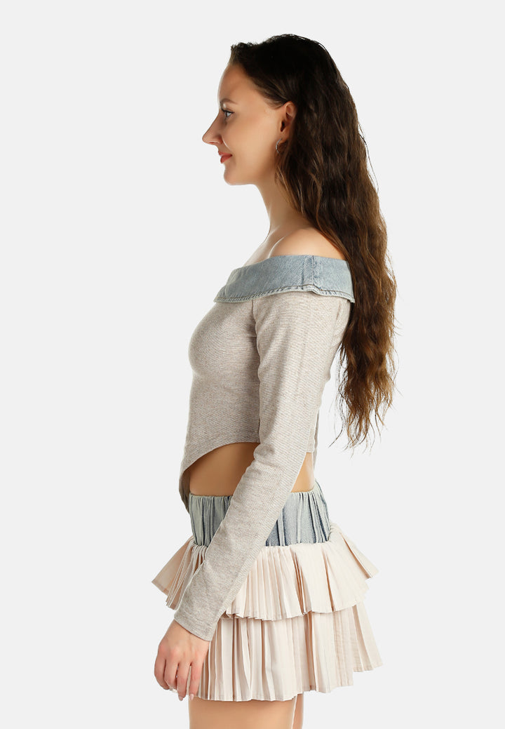 off-shoulder denim paneling top by ruw#color_blue