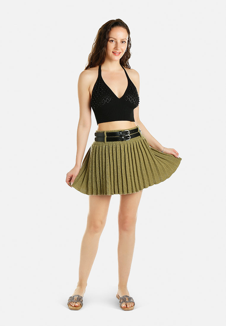 dual belt pleated skirt by ruw#color_olive