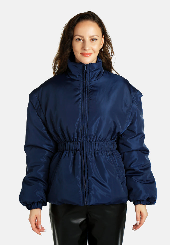 cinched waist puffer jacket by ruw#color_navy