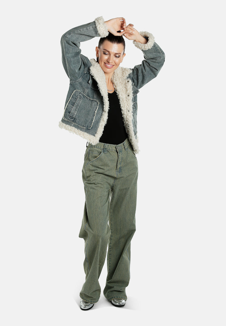 faux fur trim denim jacket by ruw#color_mid-wash