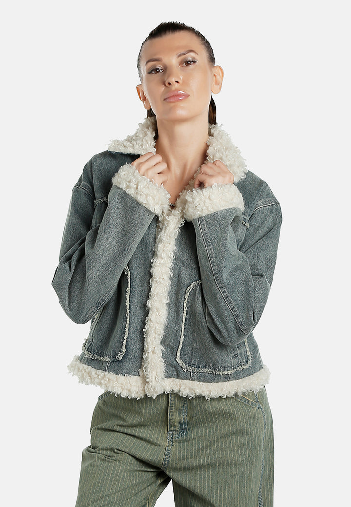 faux fur trim denim jacket by ruw#color_mid-wash