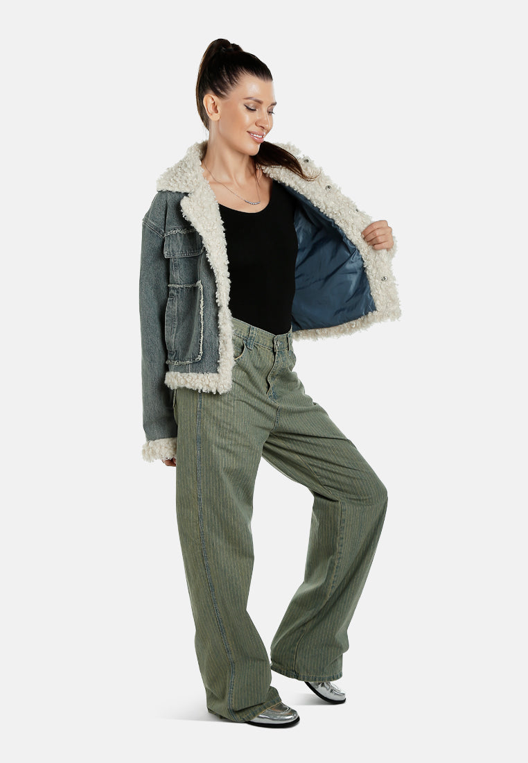 faux fur trim denim jacket by ruw#color_mid-wash
