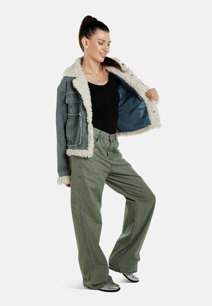 faux fur trim denim jacket by ruw#color_mid-wash