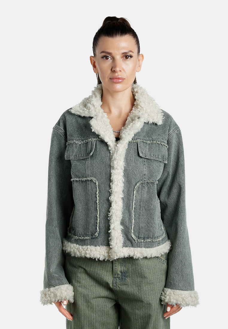 faux fur trim denim jacket by ruw#color_mid-wash