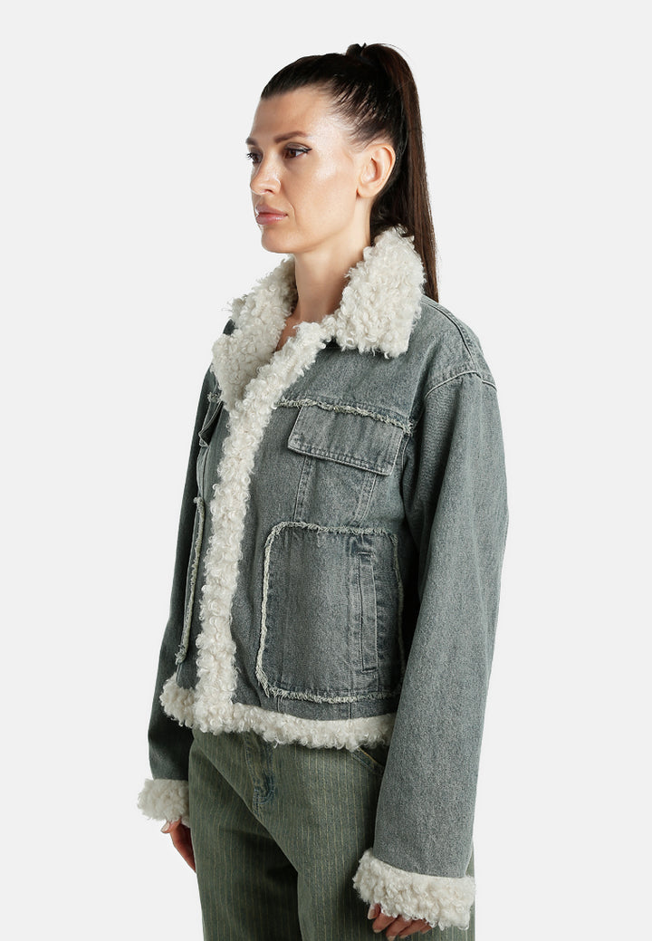faux fur trim denim jacket by ruw#color_mid-wash
