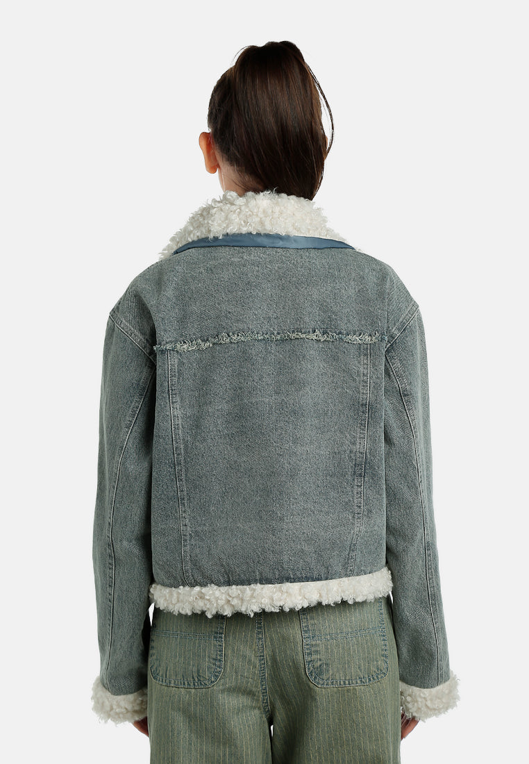 faux fur trim denim jacket by ruw#color_mid-wash
