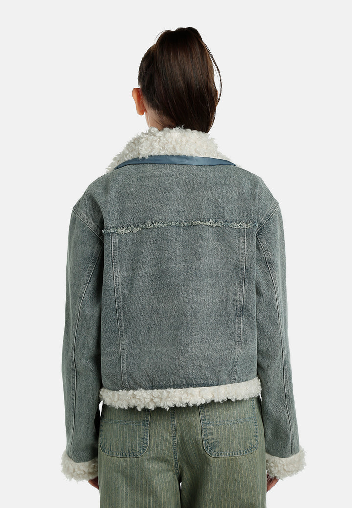 faux fur trim denim jacket by ruw#color_mid-wash