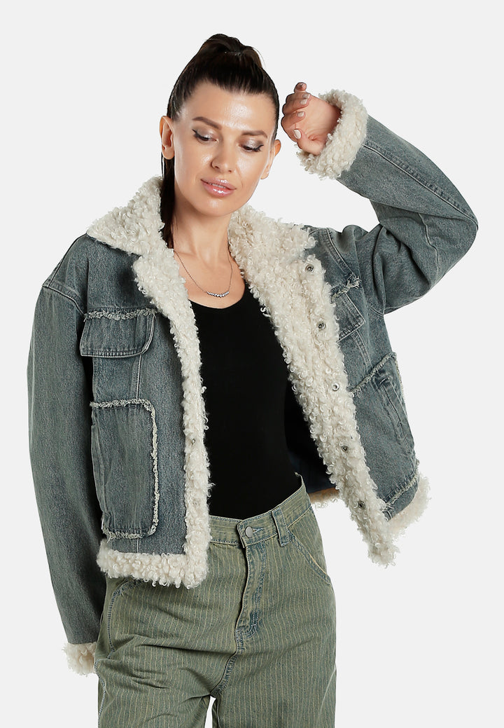 faux fur trim denim jacket by ruw#color_mid-wash