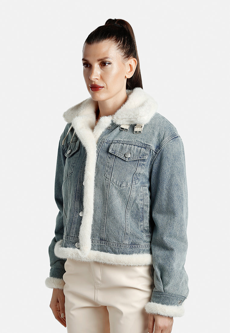 chunky faux fur trim denim jacket by ruw#color_mid-wash