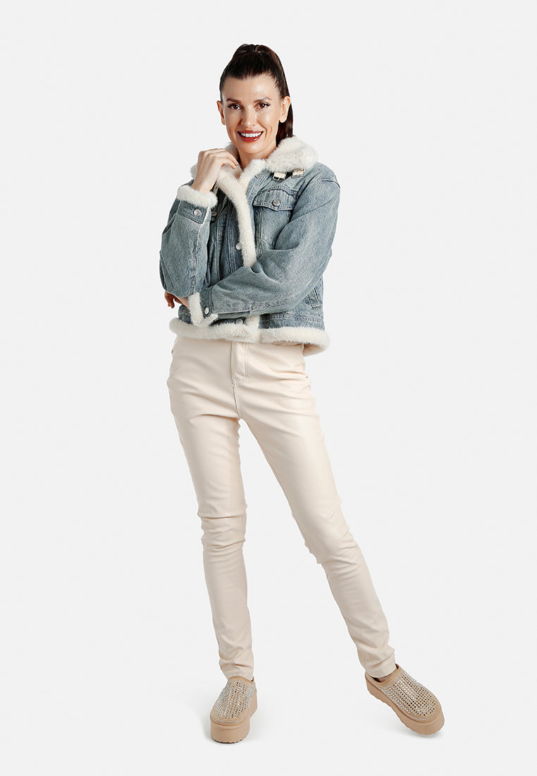 chunky faux fur trim denim jacket by ruw#color_mid-wash