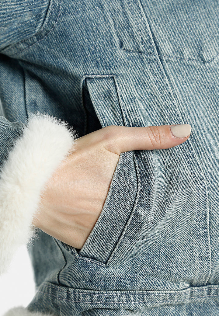 chunky faux fur trim denim jacket by ruw#color_mid-wash