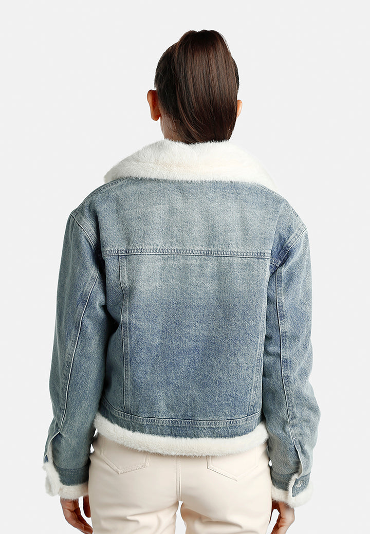 chunky faux fur trim denim jacket by ruw#color_mid-wash
