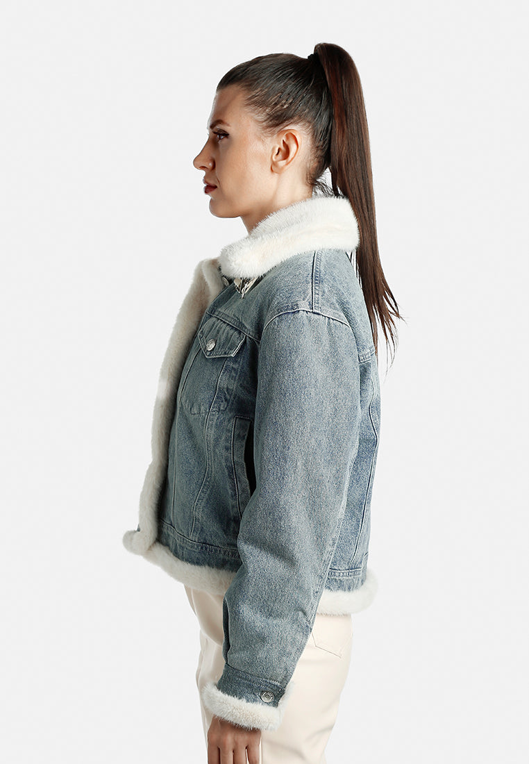 chunky faux fur trim denim jacket by ruw#color_mid-wash