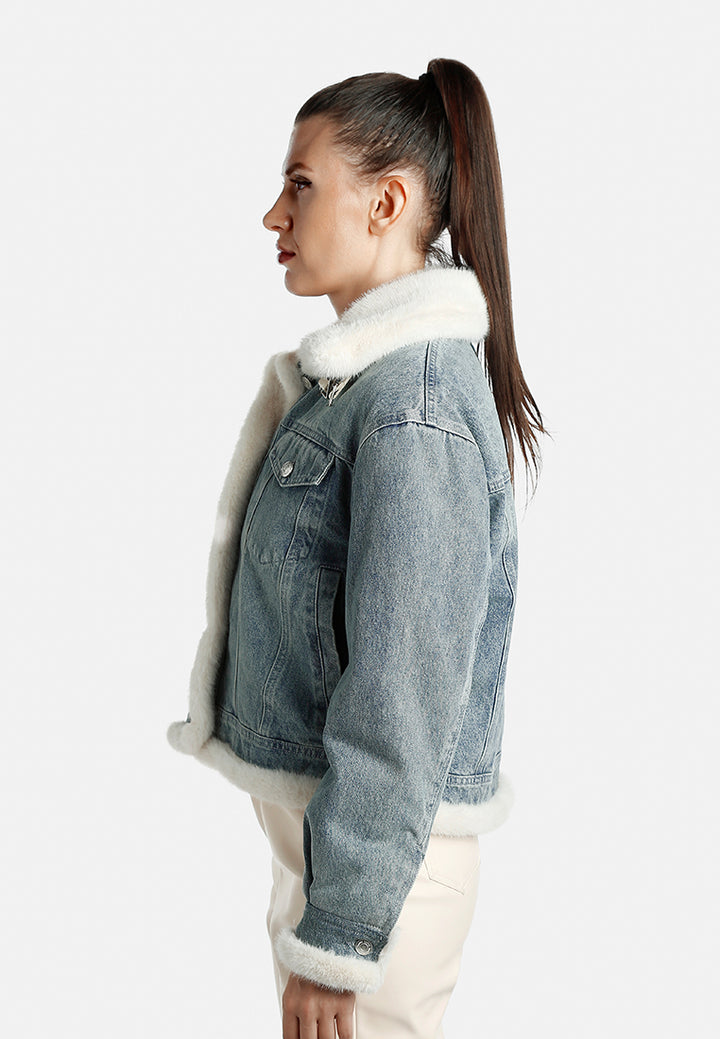 chunky faux fur trim denim jacket by ruw#color_mid-wash