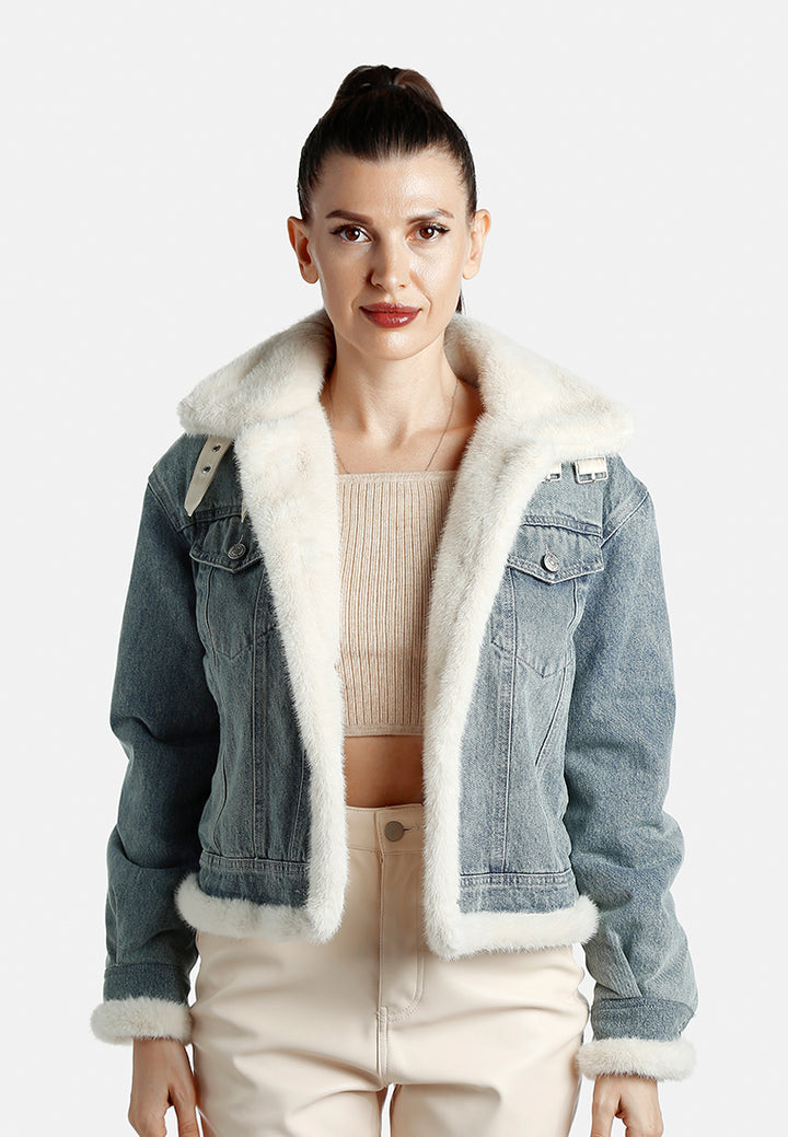 chunky faux fur trim denim jacket by ruw#color_mid-wash