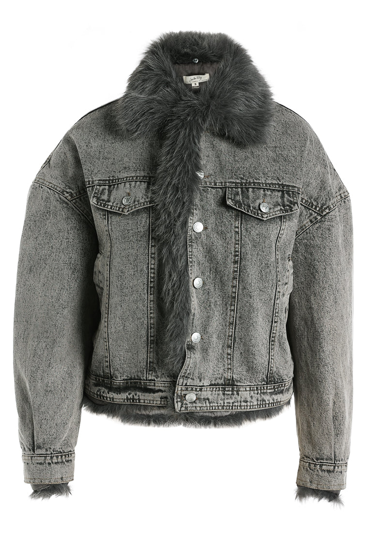 faux fur collar denim jacket by ruw#color_grey