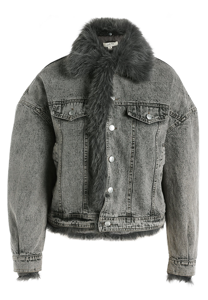 faux fur collar denim jacket by ruw#color_grey