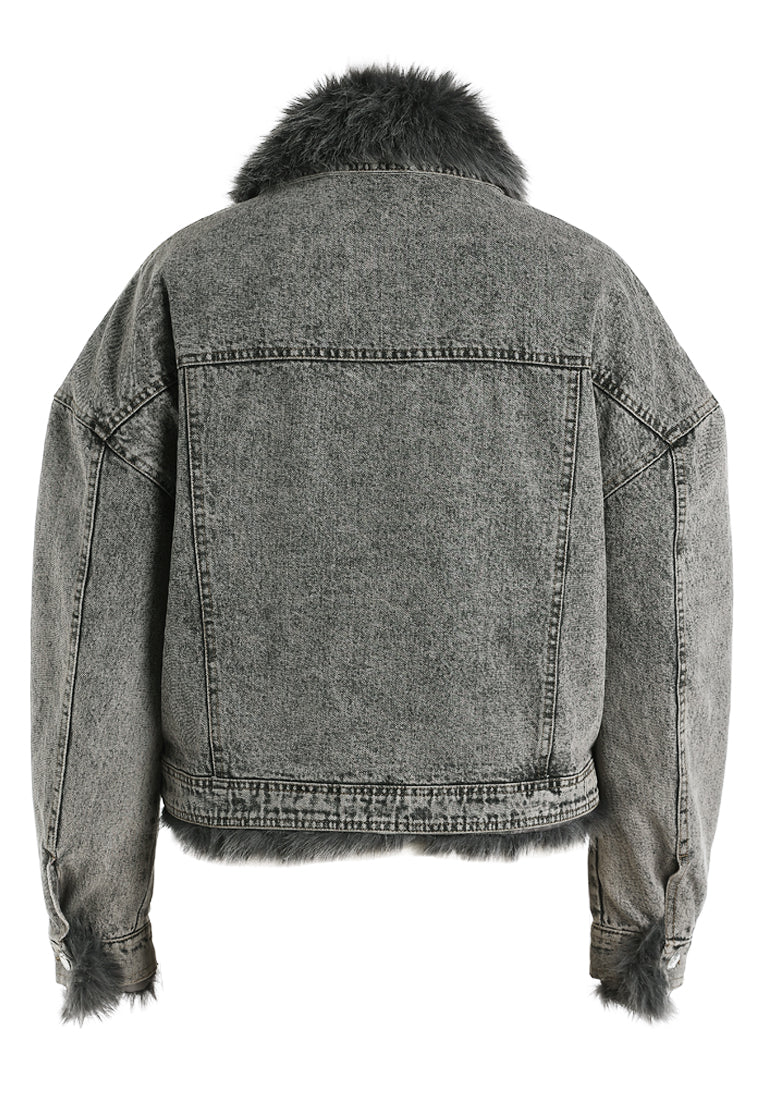 faux fur collar denim jacket by ruw#color_grey
