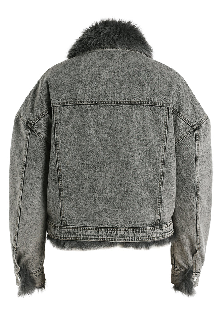 faux fur collar denim jacket by ruw#color_grey