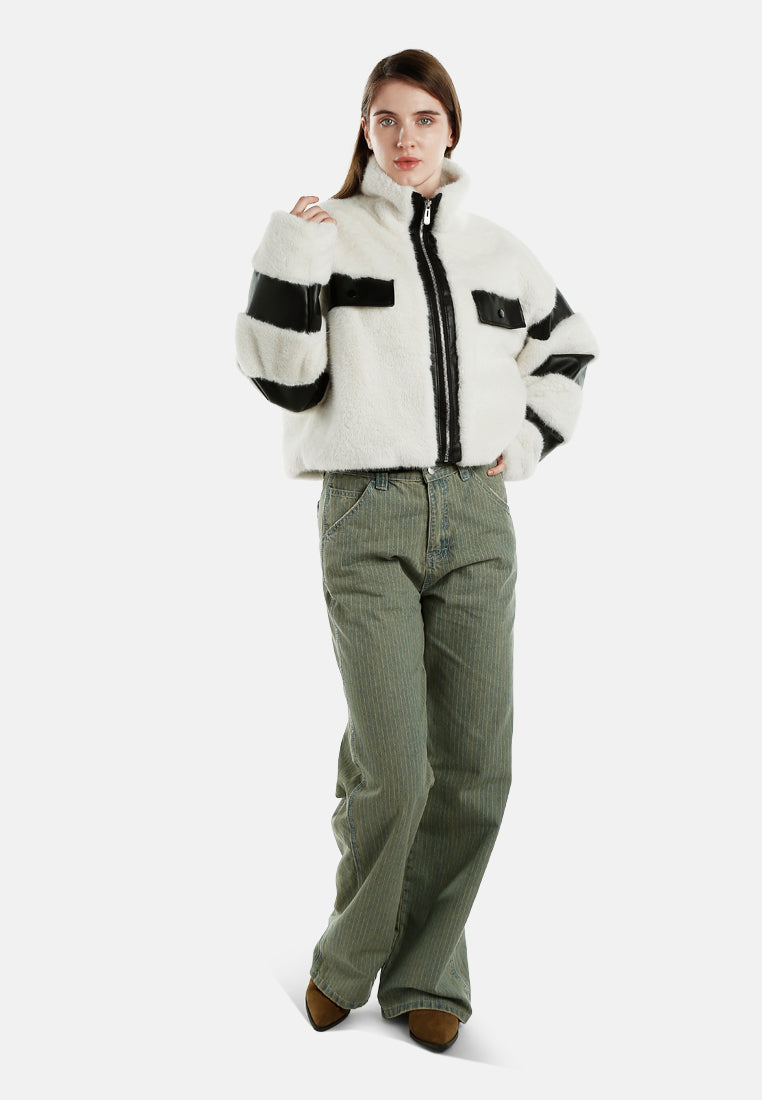 faux fur & faux leather coat by ruw#color_cream
