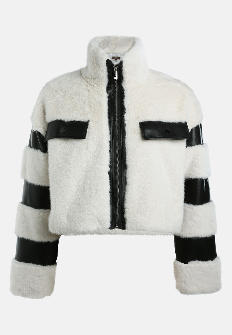 faux fur & faux leather coat by ruw#color_cream