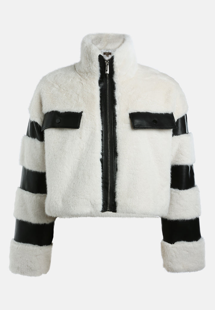 faux fur & faux leather coat by ruw#color_cream