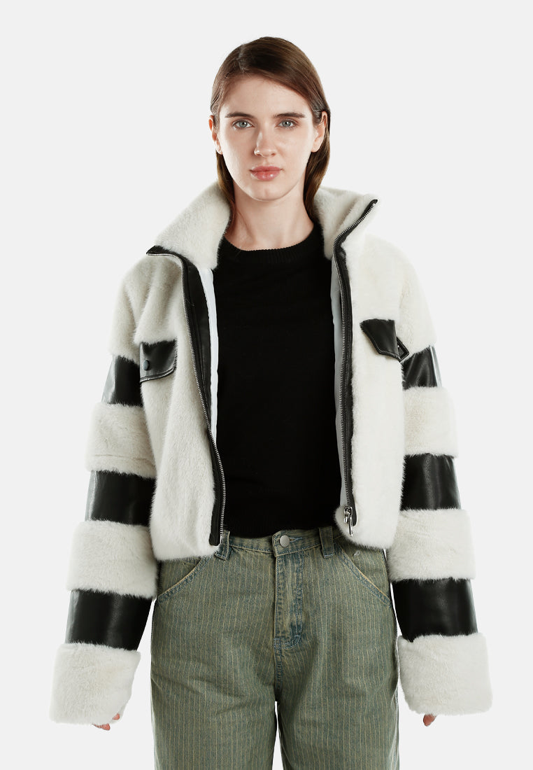 faux fur & faux leather coat by ruw#color_cream