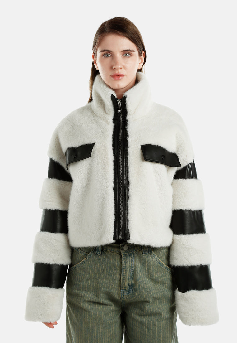 faux fur & faux leather coat by ruw#color_cream